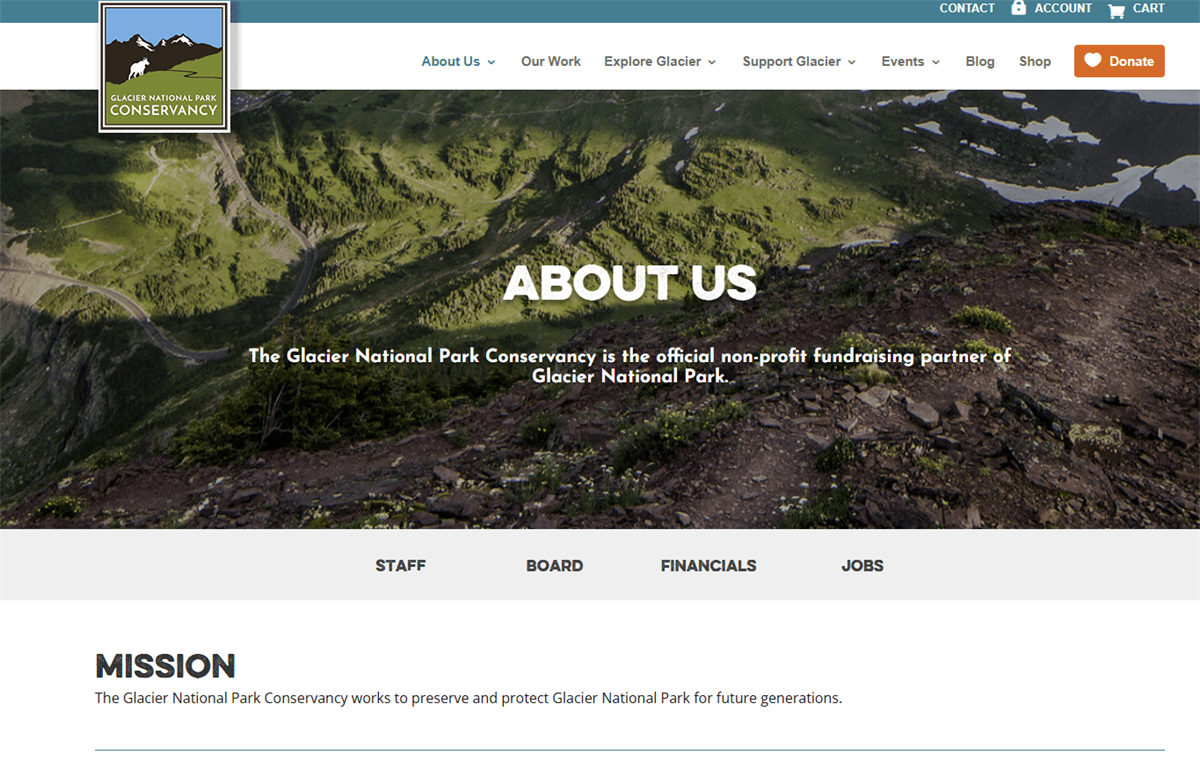The Glacier National Park Conservancy’s About Us page, with tabs for staff, board, financial, and job information